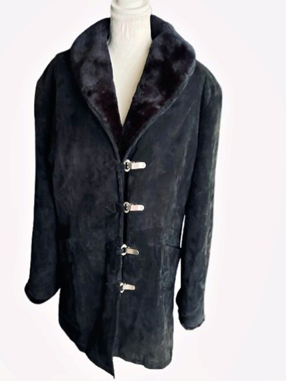 Cozy Suede Leather Faux Fur CHARLES KLEIN Coat Jacket Toggle Winter Medium Snow
